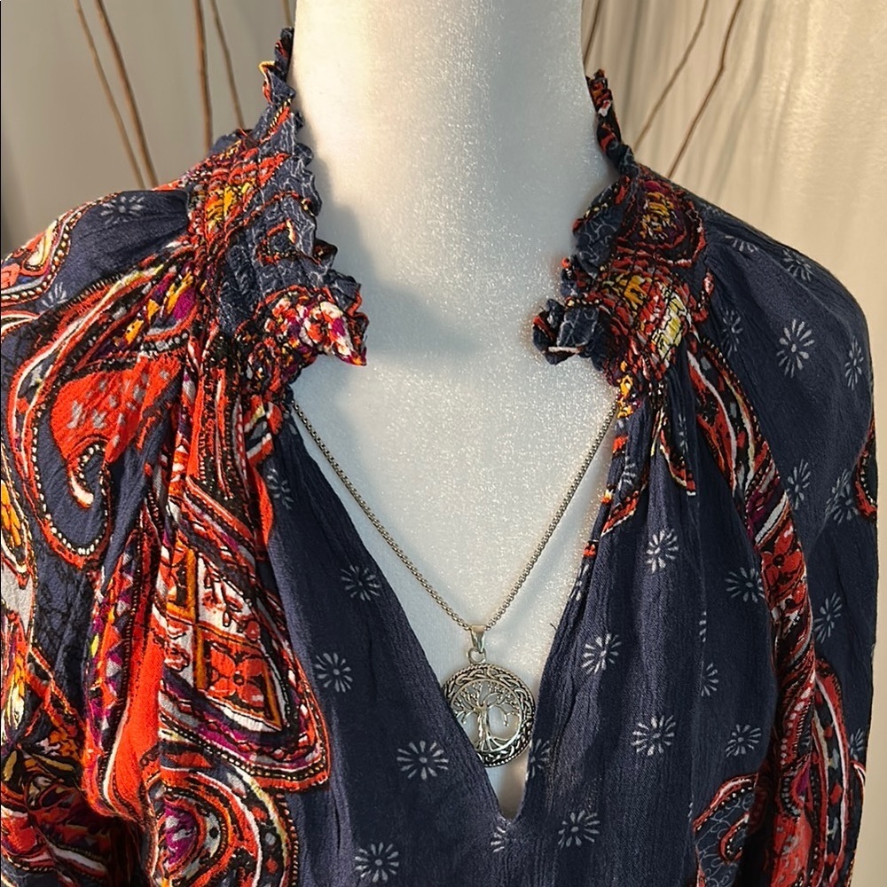 3x20LASCANA Vibrant Blue and Orange Long Sleeve Tie Front Blouse - Picture 2 of 9